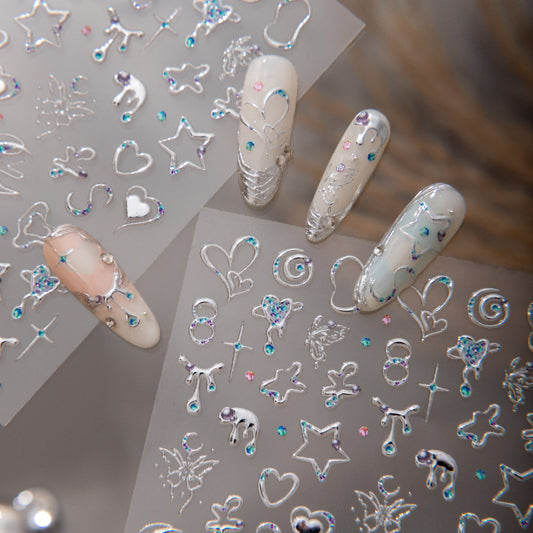 Silver Blue Heart Nail Stickers