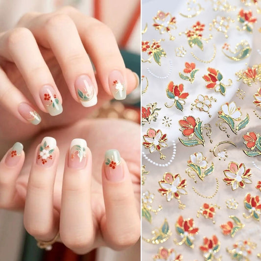 Gold Foil Red Flower Nail Stickers