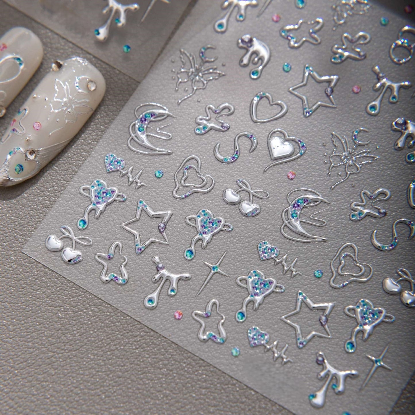 Silver Blue Heart Nail Stickers