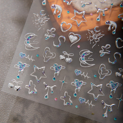 Silver Blue Heart Nail Stickers