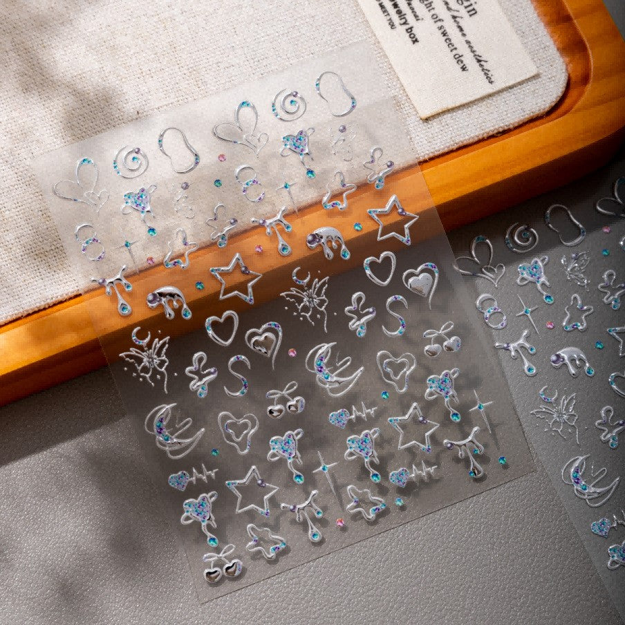 Silver Blue Heart Nail Stickers