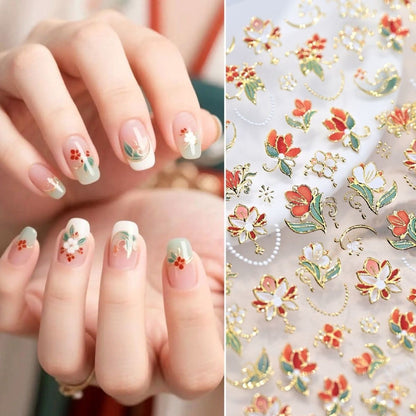 Gold Foil Red Flower Nail Stickers