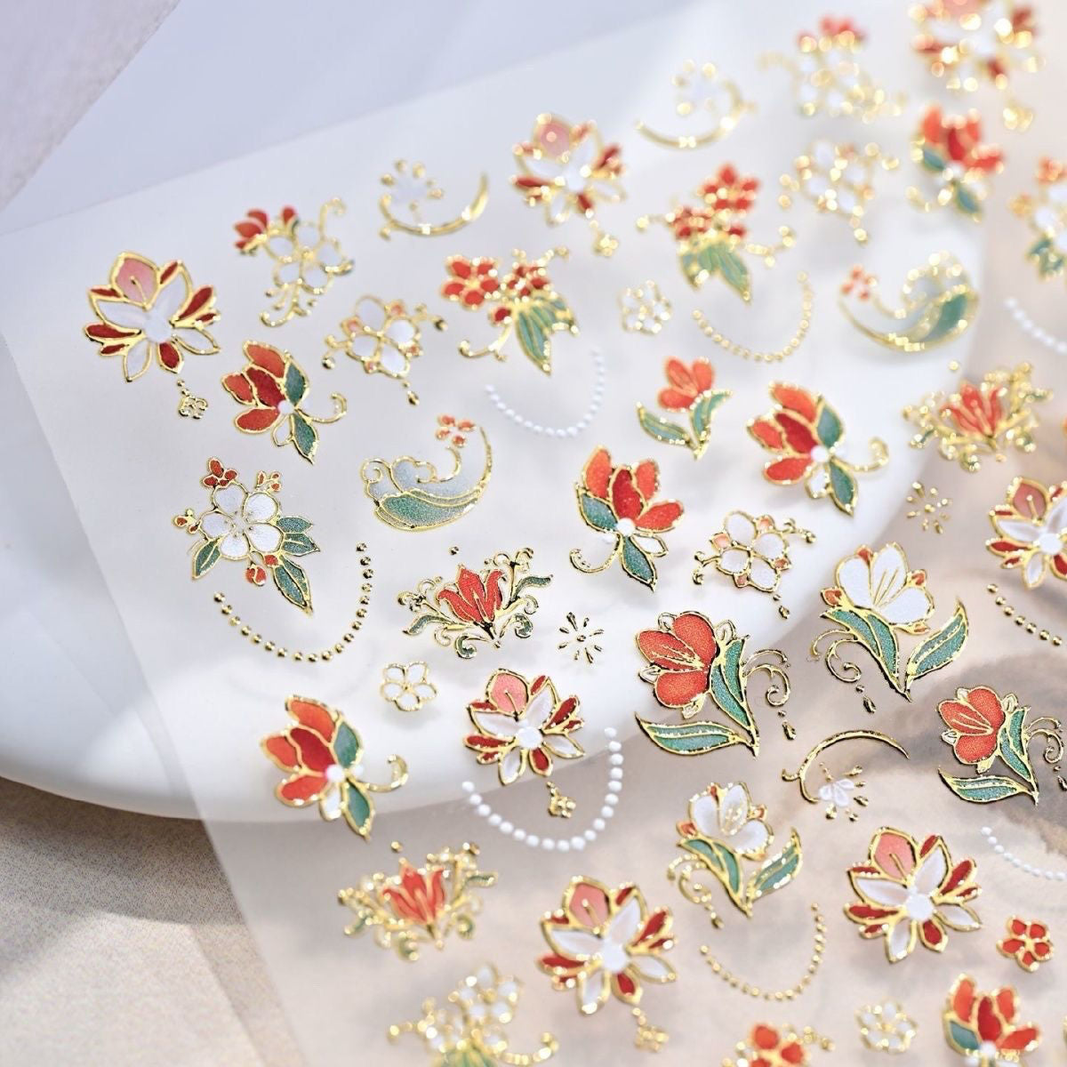 Gold Foil Red Flower Nail Stickers