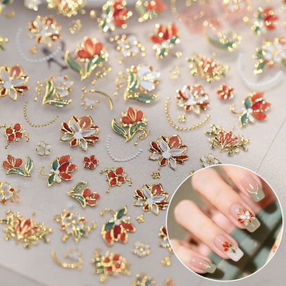 Gold Foil Red Flower Nail Stickers