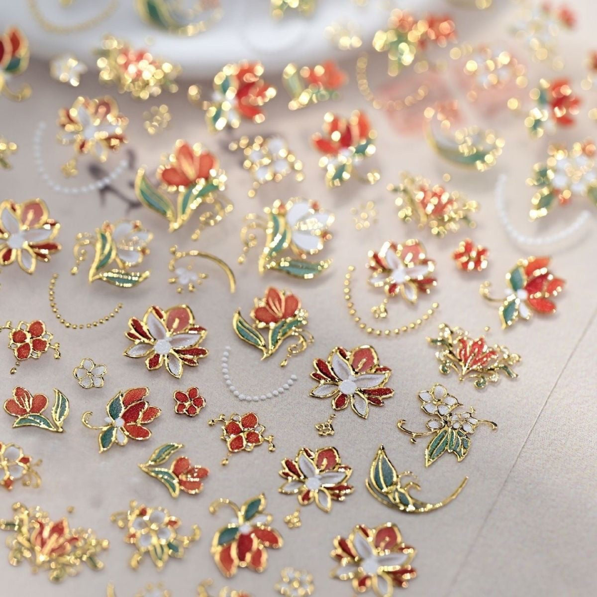 Gold Foil Red Flower Nail Stickers